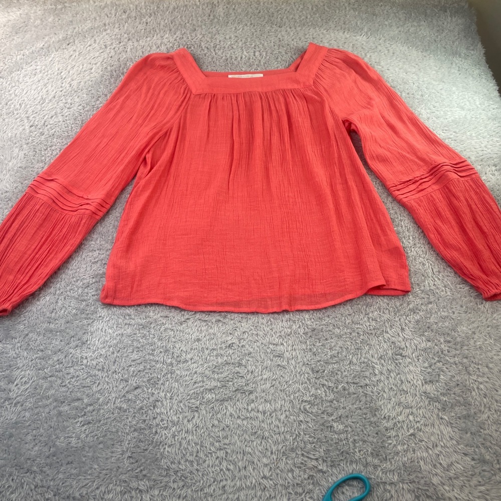 LC Lauren Conrad Blouse Womens M Coral Square Neck Long Sleeve Pintuck Gauze